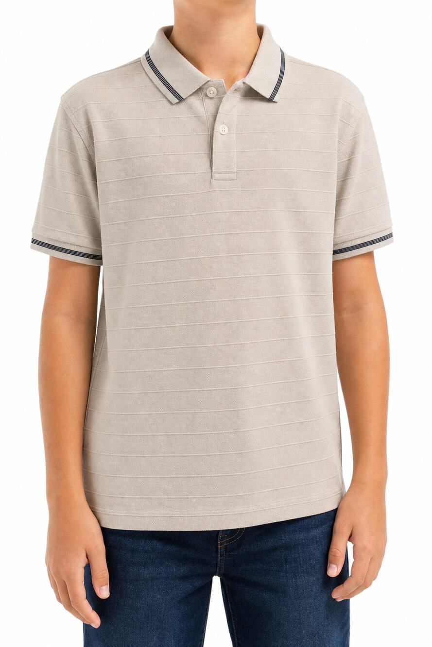 Ben Sherman Boys Polo Shirt Beige Striped Tipped Collar L 14/16 Preppy Academia